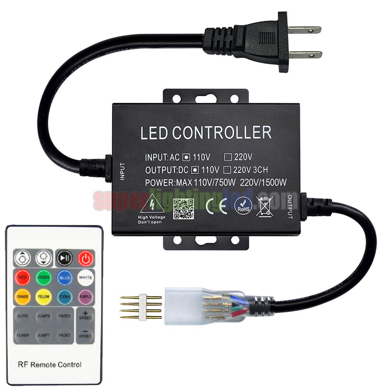 AC110V/220V 1500W 20Keys RF RGB led controller,For Swimming pool,Fence lighting project,Connect 120V,164Ft High voltage 5050 RGB LED strip